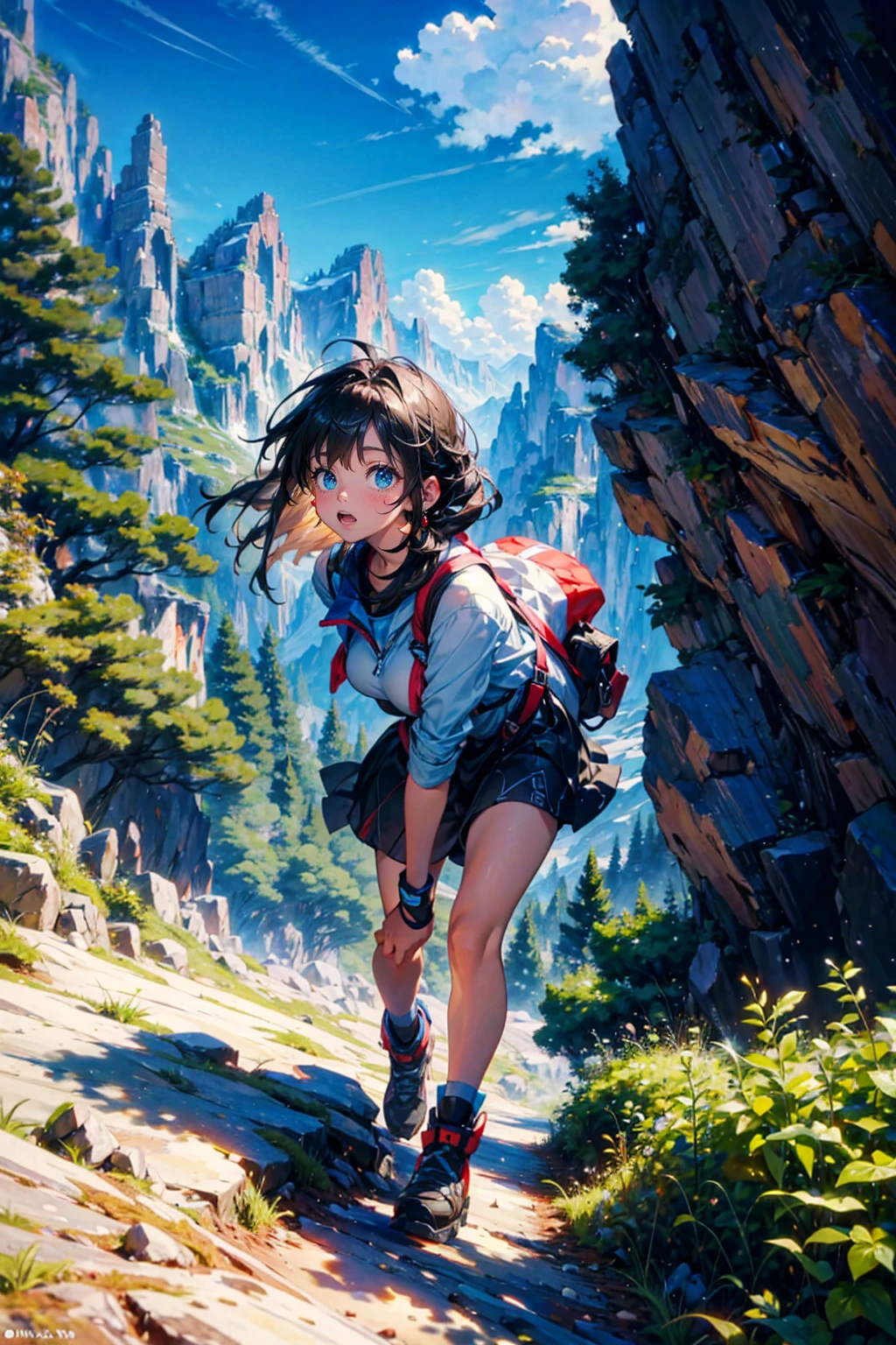 1girl,solo,cute,big breast,she climb the mountain,nature,