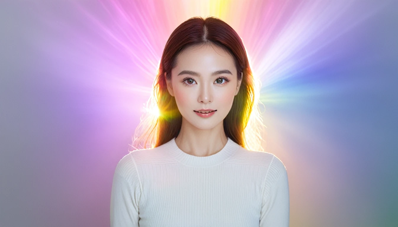 A beautiful woman with a lovely aura illuminated by a rainbow