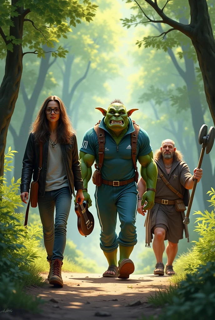 Tall long haired elf guy with glasses, in a leather jacket and boots, with an electric guitar in his hands, he walks along with a huge green stupid good friend troll in an adidas tracksuit, along with a fat, a big and strong dwarf with an axe in his hands in a cloak and sandals walk together through the forest towards adventures look very cool