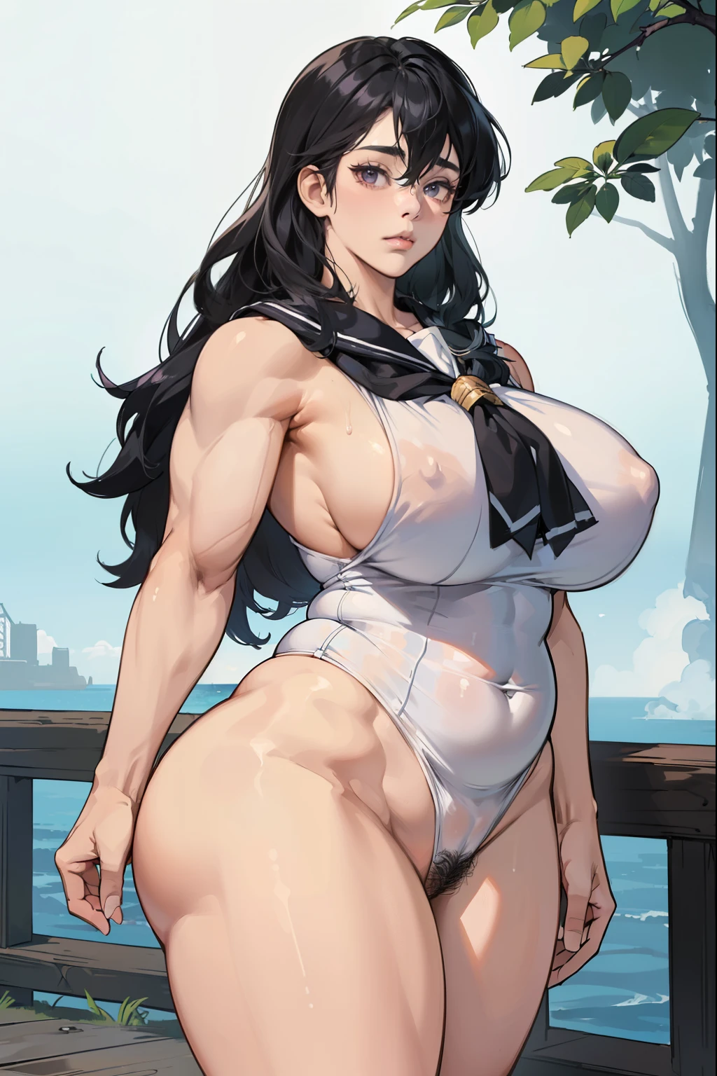 (((((Black woman, Muscular))))), ((thick thighs, 非常にLarge Breasts,、Strong Body、), Black Hair、Long Hair、, alone, Glowing Skin, it was foggy, ,Bridge pier, Bristles,Are standing、Big body women、naked,Strong Body、pubic hair,Muscular in the forest,Composition from the front,Muscular and wide hips,Muscular and wide torso,Muscularの, Widebody,thick, Muscularの腕,thick, Muscularの脚,Muscular and broad shoulders,bodybuilder,nakedの美しい女性,Large Breasts,long, saggy breasts,,Deep purple eyes,Woman with beautiful face,Expressionless,,,Strong Woman,Right in front of the viewer,,Muscular女性,Big body and broad shoulders,thick Women,,sexy,Stand in front,正面にAre standing女性,A woman standing directly in front,真っ直ぐにAre standing,Fat woman,Fleshy ladies,Plump woman,Chubby woman,,A woman in a tight sailor suit、Black Skin Woman