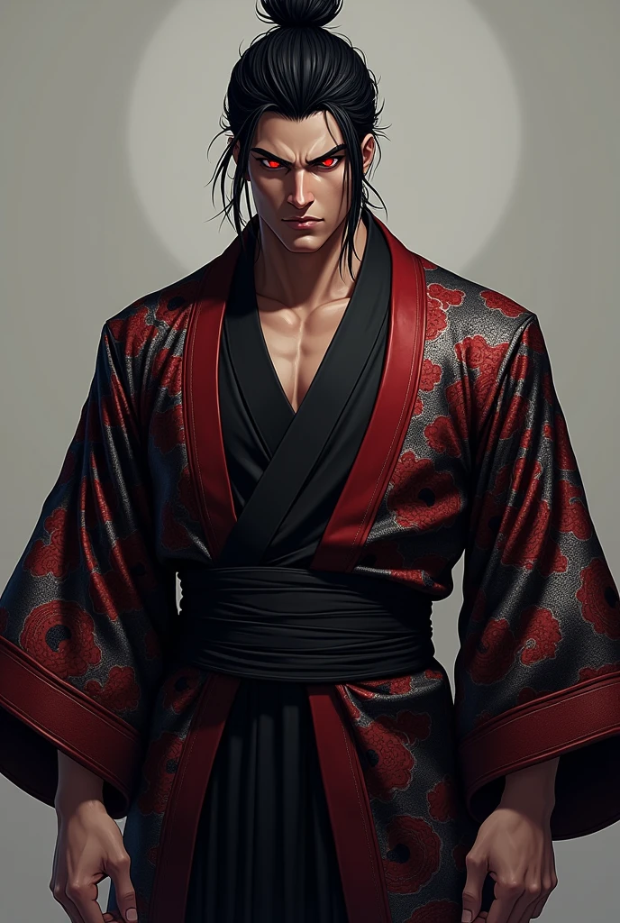 Create a This character is a dark, athletic man with a striking presence.. Her black hair is tied in a high bun, with loose strands falling softly around her face, accentuating his sharp features. Their eyes, penetrating and red in color, convey an intense and calculating look, implying that he is someone with great power and a strategic mind.He wears an elaborate kimono, adorned with intricate patterns in red, black andwhite, symbolizing a mix of Wano traditions and a dark twist that may hint at its Teach heritage