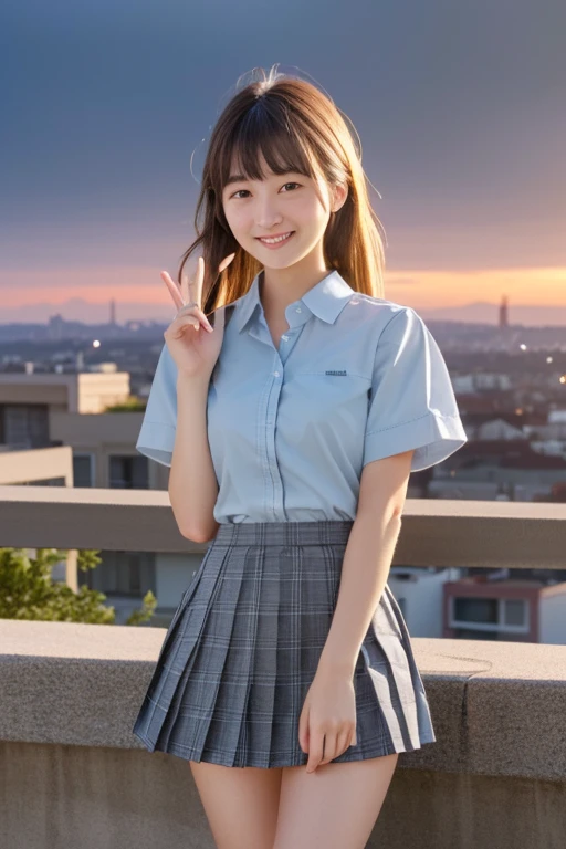 (masterpiece:1.3, highest quality, Ultra-high resolution, Super detailed), (Realistic:1.1, photoRealistic:1.4), Beautiful illustrations, Perfect lighting, colorful, Depth of written boundary, Beautiful detailed hair, Beautifully detailed face, Beautiful fine details, Beautiful clavicle, Beautiful body, Beautiful breasts, Beautiful thighs, Beautiful feet, Beautiful fingers, View your viewers, 1 girl, Japanese, high school girl, Perfect Face, (Perfect Anatomy, Anatomically correct), Cute and symmetrical face, Baby Face, Sunburn, Shiny skin, (Middle Hair:1.5, Twin tails:1.2, Blonde), Asymmetrical bangs, blue eyes, Long Eyelashes, (Medium chest), thin, ((Collared short-sleeved shirt, Light blue shirt, , Grey plaid pleated skirt, Navy them)), No panties, (Beautiful views), evening, (Outdoor, distant cityscape), Are standing, (peace sign), (Cute smile, Cheek blush、Upward glance, Open your mouth), (Opening a girl's pussy:1.3), Occasionally crouches:1.2,Stick your finger in pussy:1.5,((A large amount of pee is sprayed from the vagina)),(((Very small, young face and chest))),