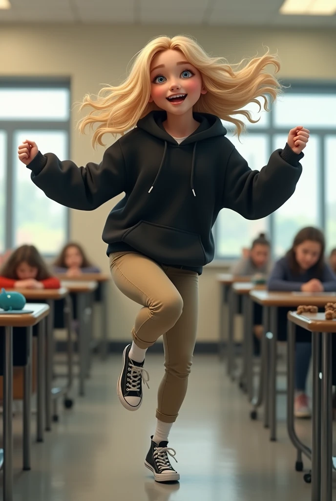 High school white girl, blonde hair, blue eyes, tight khaki pants, black high top converse shoes, black hoodie, white socks, kicking into the air, classroom background, full body.