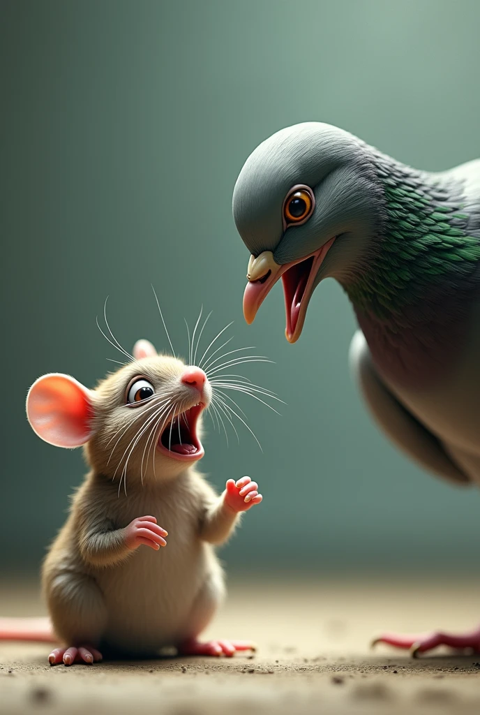 A rat talking to a pigeon, the pigeon is laughing and rat is crying