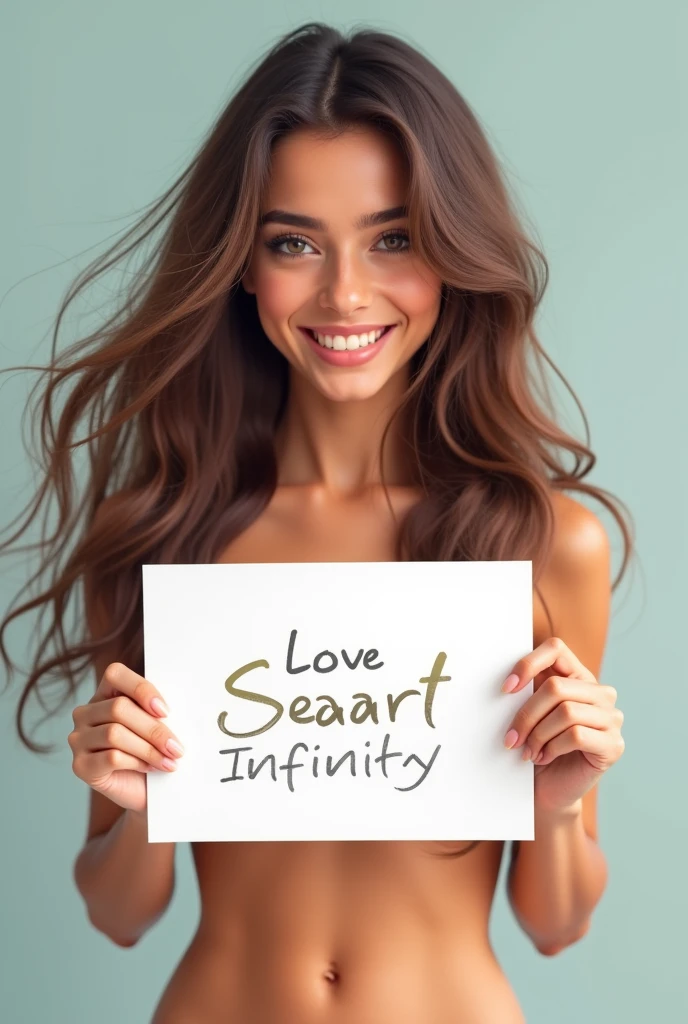 Beautiful girl with wavy long hair, no dress on bottom, holding a white board above her head with text "I Love Seaart Infinity" and showing it to the viewer