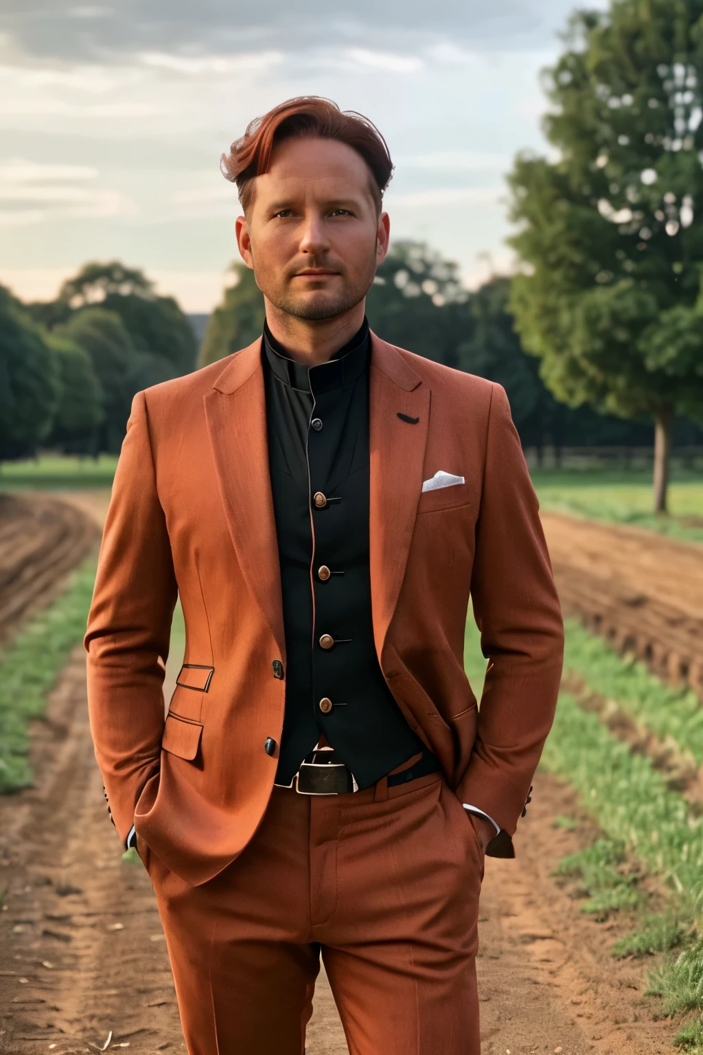 Ipswich, 2024. A young ((((37-year-old)) Baldwin de Clairmont)), in front of a farm, serious and scary, ((((clothings from the 2020s, suit)))), ((dark-redhead hairstyle of the 2020s))