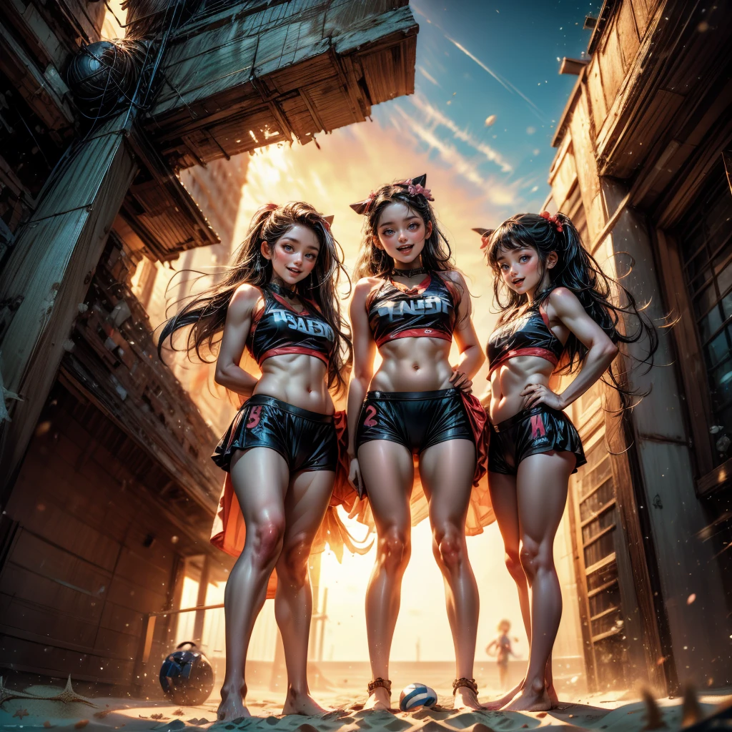 ExtremelyDetailed (((Beach Volleyball Team Kawaii Kids in a row:1.4))), Childish perfect face, Reflective Eyes, Detailed(Delicate Clothing textures), Corrected Leg to Foot Line, Corrected Perfect Hand, Dynamic Joyful Expressions LifeLike Rendering, (Specular Reflection:0.5), TopQuality 8K Ultra-detailed masterpiece (ProfessionalPhoto:1.37), (Acutance:0.8), (Luminism:1.28),