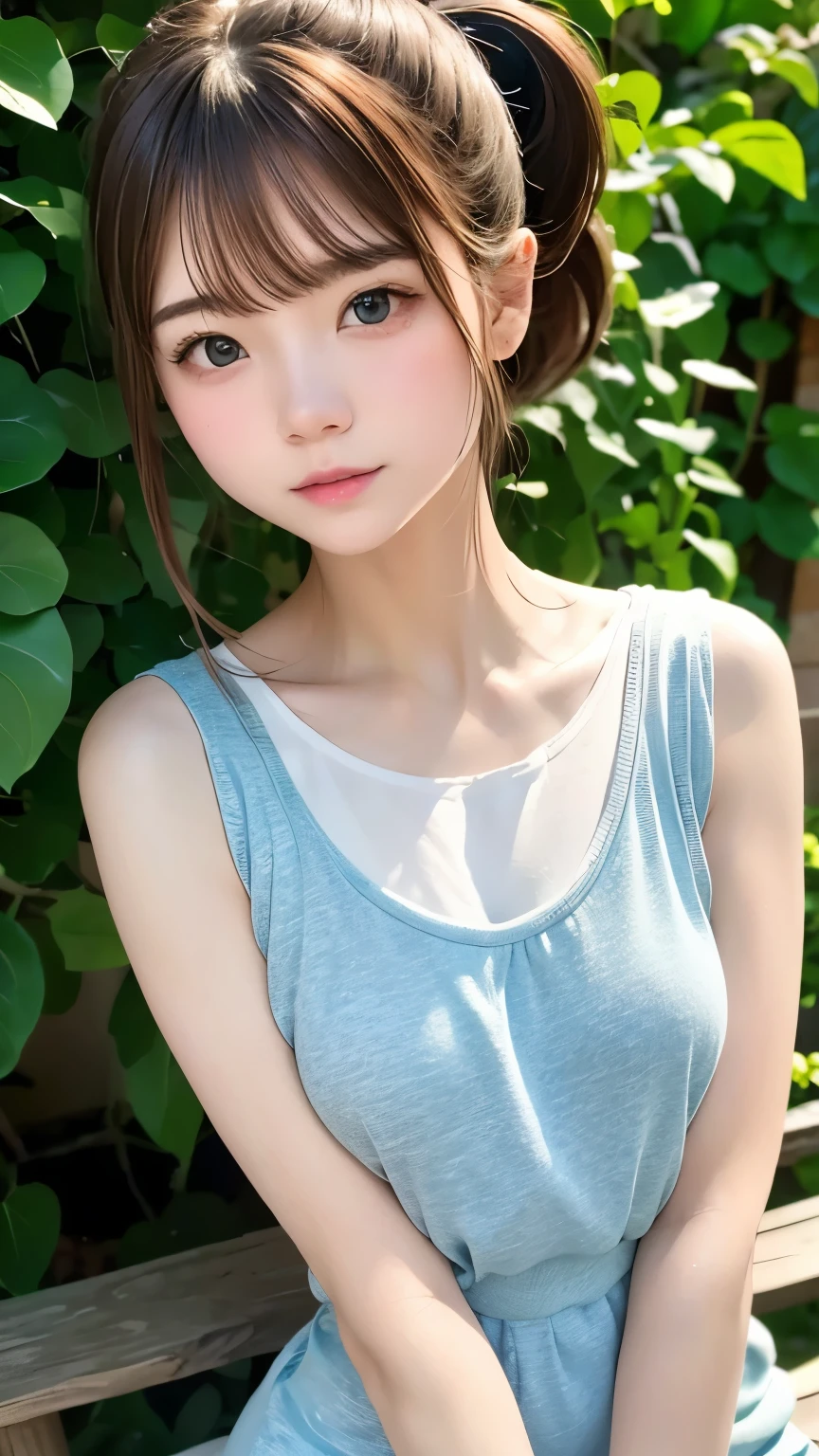 Highest quality、masterpiece、Tabletop、RAW Photos、Film Grain、High resolution、Very detailed、break、One Woman、、Cute Face、茶hair、一つにまとめたhair、hair、Short ponytail:1.7、White camisole、Light blueＴshirt、Small breasts、break、Outdoor、Summer Park、erupt