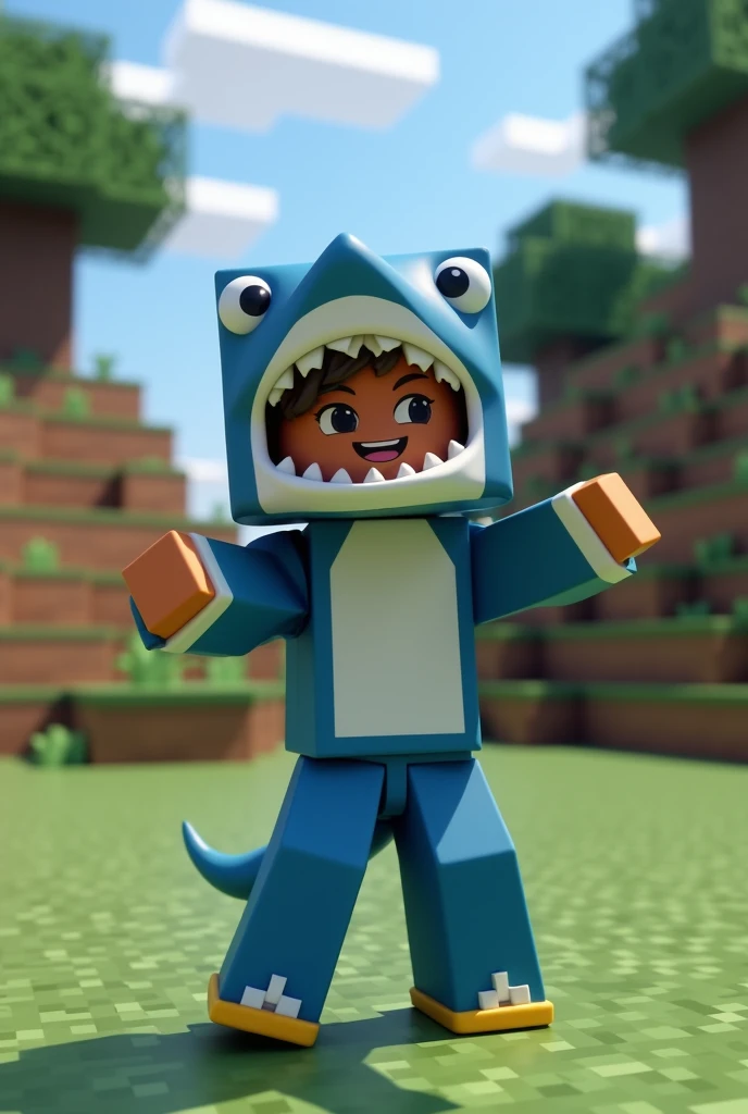 minecraft character, with a shark costume, with chocolate skin, with blue pants, with blue and yellow shoes, Posing for a photo, with a happy face, with Minecraft background, with the realistic image