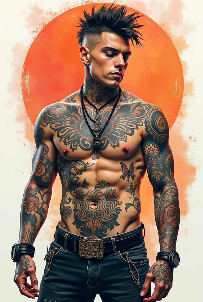 draw a punk man with tattoos and full of piercings, realistic and colorful style