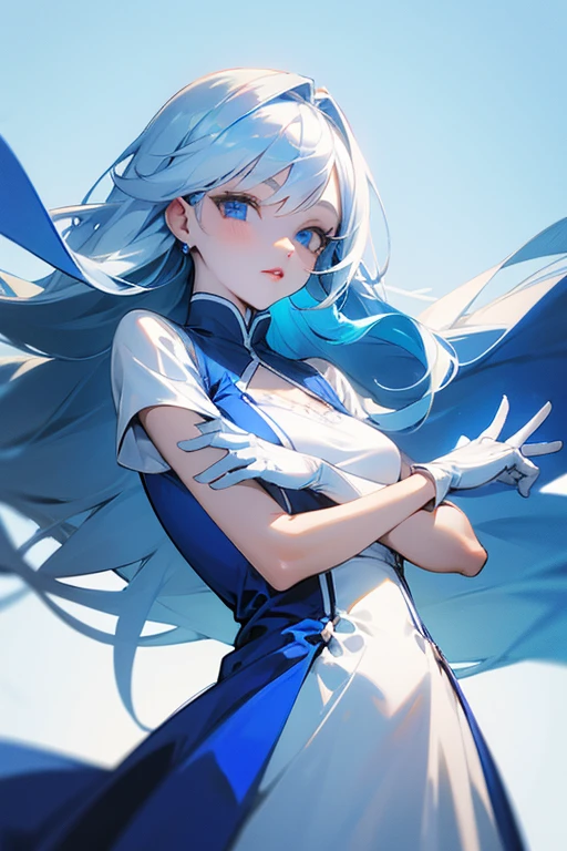 woman, white and blue hair, blue eyes, blue sky dress, white skin, red lips, calm face, blue dress, long hair, gloves, 