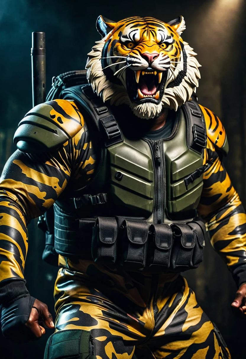 (a dark-skinned bearded fat muscular old man in a bulky army camouflage zipper diver suit) carrying a gun, (wearing realistic roaring tiger mask), dynamic action pose, angry expression, fierce expression, showcasing an imposing stature, surrounded by military elements, dramatic shadows and intense highlights, cinematic color tones, high detail, powerful, art influenced by Bruce Onobrakpeya and Stanley Artgerm, ultra-detailed, best quality image, action-packed atmosphere. fighting stance
