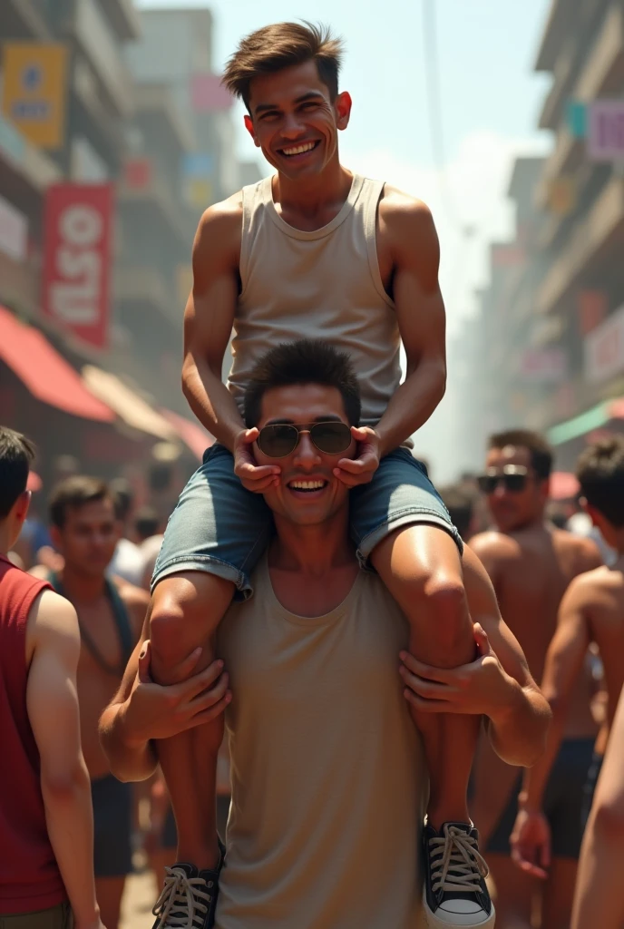(photorealism:1.2), guy wearing shorts riding on another guy's shoulders in a crowd