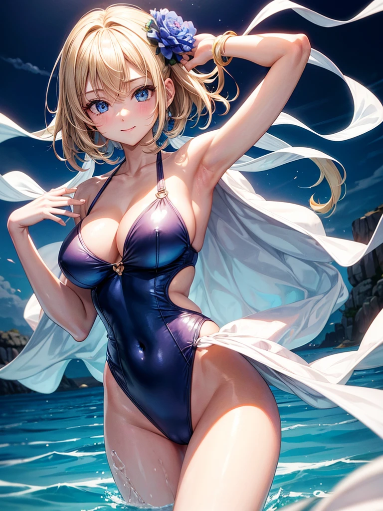 Anime style, super fine illustration, super clear illustration, highly detailed, beautiful detailed, super pale tone image, super delicate illustration, super calm & static image, sexy posing Portrait, static representation, gentle expression, 8k, angle from behind, pretty 1girl with blonde straight short hair & blue eyes & a bright smile & Big breasts & pink nipples & soft fair skin is wearing the swimsuit in the pool bar, in the midnight, romantic stories, solo, perfect fingers, perfect arms, perfect legs, masterpiece, 布ははためかない, 布はいらない, 布はいらない,