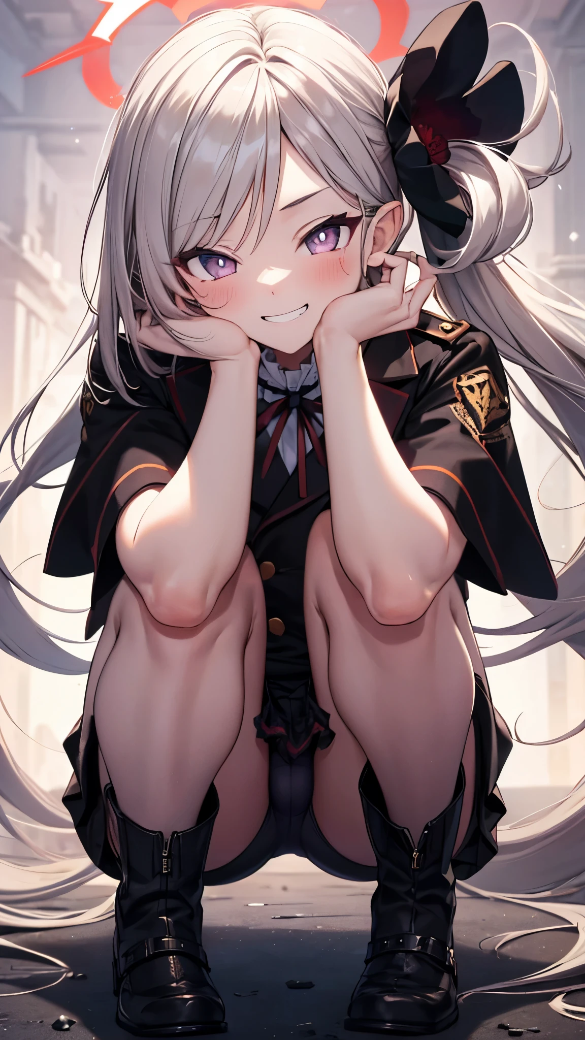 ((cowboy shot)),1girl,mutsukidef,(chibi:1.2),gray hair,long hair,side ponytail,(black cropped blazer),short sleeve,(red flare skirt),Hair Ornaments,halo,grin,dynamic angle,(from below,head rest,squatting,open legs),white panty,(cameltoe:1.3),masterpiece,Noise Reduction,perfect anatomy,high resolution, ultra-detailed, ultra-detailed face,game cg,dutch angle ,beautiful detailed eyes,visualart,five fingers, perfect hands, perfect lighting, sparkling pupils,