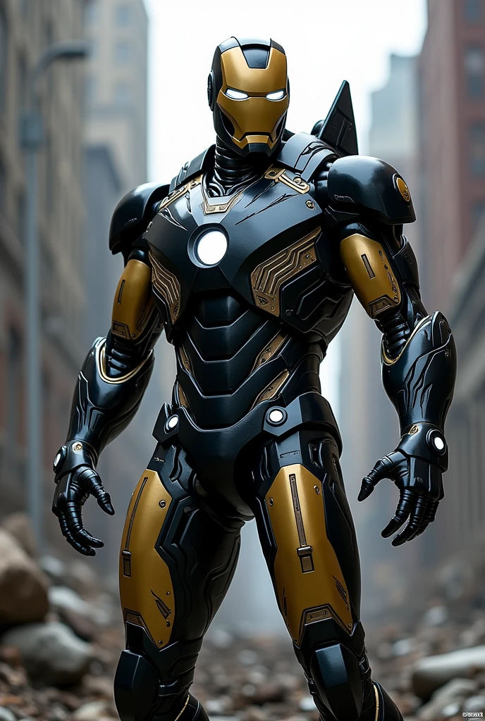 Marvel Hero Iron Man with armor made with the Villain Venom Symbiote, It should have more vivid details and should be very dark., in a destroyed city, the color of the armor must be black and gold, and it must be more monstrous, mix of technology and alien.