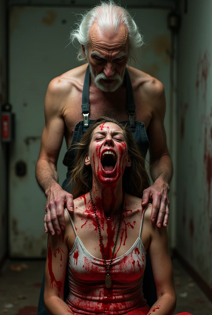 Crazy, horror, 70-year-old man, naked with an apron full of blood, is behind a seated, bloody woman. The man has a machete and is splitting open the head of the screaming woman.
