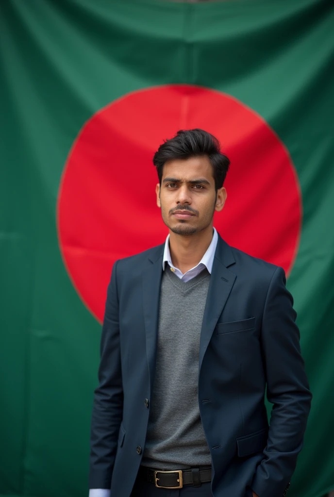 a real smart young man bangldesh flag behind