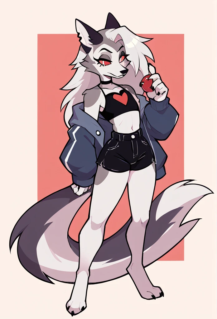 An original character, anthropomorphic, wolf, feminine, tall character, wearing a simple outfit, using some accessories, on a simple background, cartoon art style "Helluva Boss"