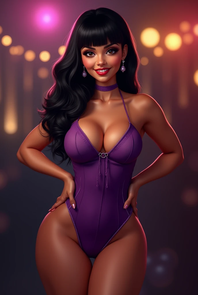(muscular:2), (thick thighs:2),
latina female, big smile, long black hair, blunt bangs,
eyeshadow, red lips, earrings,
(small breasts:1.5), hard nipples, pokies,
(choker, tight purple sundress, thin material),
looking at viewer, three quarter view, full body view, (sexy pose),
in a fancy party, rim lighting, two tone lighting, bokeh, detailed skin, detailed eyes