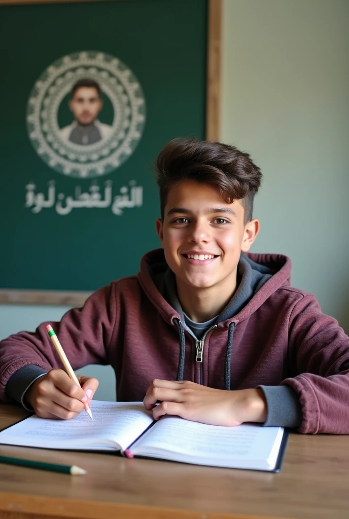 A 17 years old handsome boy study on his study table and (Ahmad Shah) name is printed on his background wall and pencil box 
send me picture