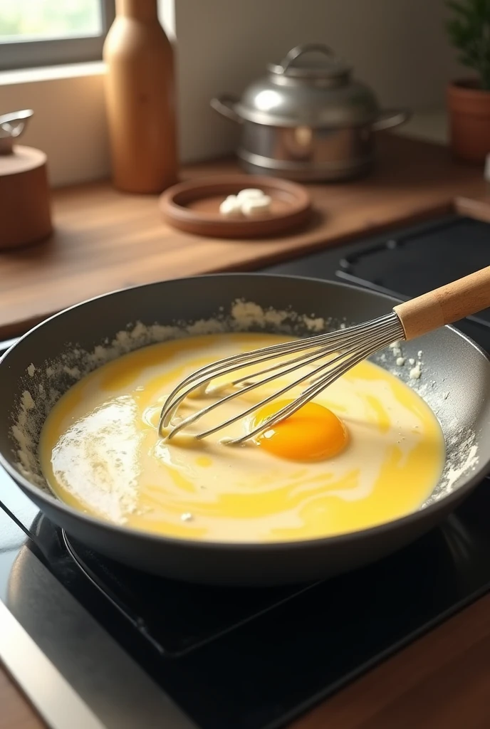 Add a mixture of an egg ,milk and flour in a pan with butter.realistic.
