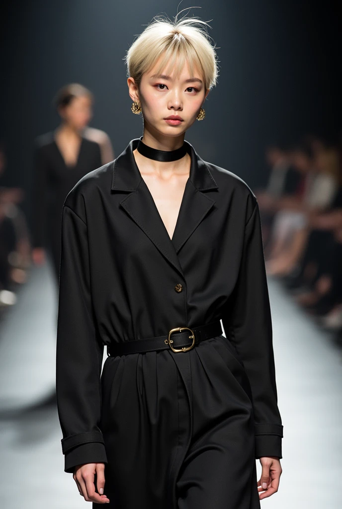 (Highest quality、4K、8k、High resolution、masterpiece:1.2)、Very detailed、(Genuine、Realistic、Realistic:1.3)、Japanese、blonde、Pixie Cut、Black choker、Fashion Model、Walking down the runway、Full body photography