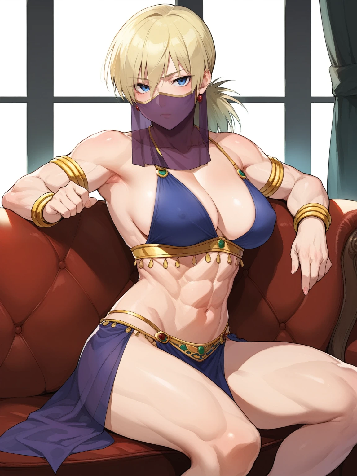 score_9, score_8_up, score_7_up, score_6_up, source_anime, BREAK by ikuchan kaoru, iku, clean color, flat color, sitting, indoors, presenting breasts, couch, muscular, extremely muscular, 1girl, bodybuilder, muscle girl,hellsing, seras, bored, apathetic, blonde hair, break, ((arabian clothes)), belly dancer, face veil, veil