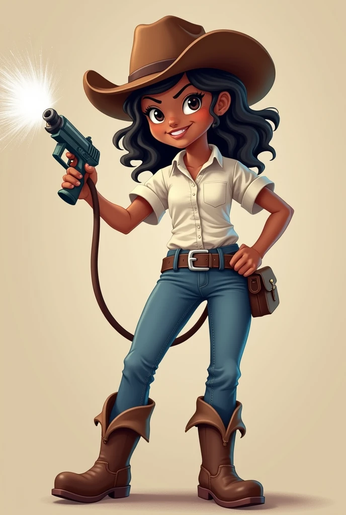 Cowgirl with soft dark skin and white shirt and brown cowgirl hat and blue jeans and brown boots hold a small power wash gun . Make it logo card