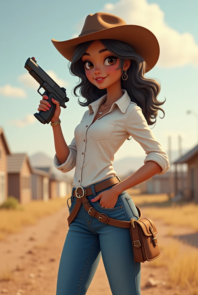 Cowgirl with soft dark skin and white shirt and brown cowgirl hat and blue jeans and brown boots hold a small power wash gun . Make it logo card 