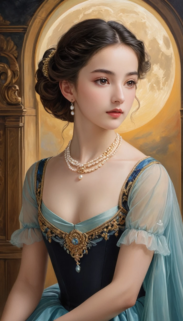 (High resolution,masterpiece:1.2),(Realistic:1.37)"(Highest quality, High resolution, Very detailed, Realistic),Beautiful portrait of a -yeld Frh ballet dancer from the 19th century, (She is half Scottish and half Japanese., She is a beautiful woman with dark eyes and a high nose.:1.1), Exquisite ballet costumes, Detailed facial features, Long and graceful neck, Pearl Necklace, Flowing locks of black hair, Calm and elegant posture, Soft and delicate lighting, Classical Oil Painting Medium, Vibrant colors, Delicate background with moon motif", Dreamy atmosphere, Surrealism,Mysterious Aura