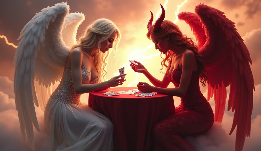 an angel and w demon playing a poker game of cards, a female angel wearing intricate dress glam dress, dynamic color dress, pale skin, best details beautiful face ,dynamic hair color, busty, small cleavage,  long hair wavy hair, white angelic wings, BREAK, a female demon (red skin: 1.5), demonic wings, demon horns, ,dynamic hair color, busty, small cleavage, red eyes, best details beautiful face, wearing a intricate dress glam dress, high heels, sitting and playing poker on a cloud, dynamic lightning, heaven background, vibrant, Ultra-high resolution, High Contrast, (masterpiece:1.5), highest quality, Best aesthetics), best details, best quality, highres, ultra wide angle, 16k, [ultra detailed], masterpiece, best quality, (extremely detailed), 