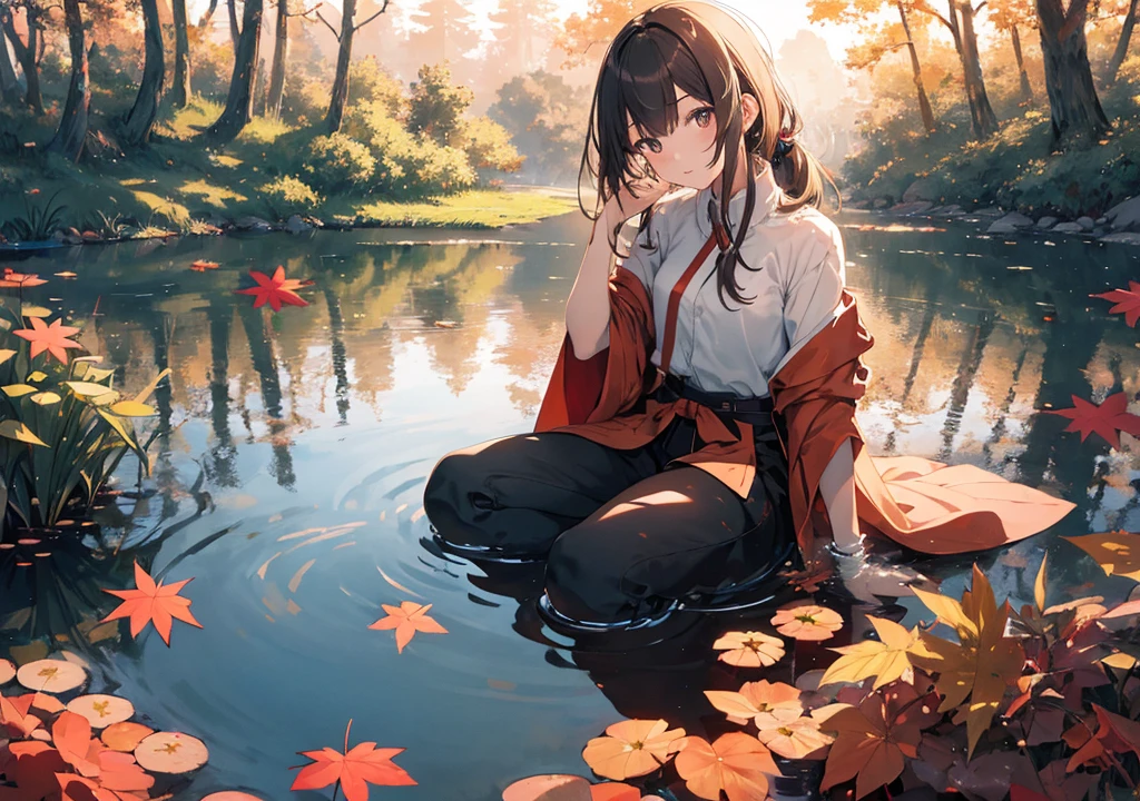 Realistic photos, Focus distance 10mm, Red and white, Beautiful girl, Realistic photos, Shooting at focus distance 10mm, masterpiece, 最high quality, high quality, Very detailed CG 8k wallpaper unit, Award-winning photography, Depth of written boundary, High resolution, bloom, chromatic aberration, Realistic, Very detailed, Art Station Trends, CGsociety Trends, Complex, High detail, dramatic, Art on the go, volumetric lighting, A young girl meditates by the pond, gazing silently into space. Behind her are autumn leaves and the sunset reflected on the water's surface, thin legs