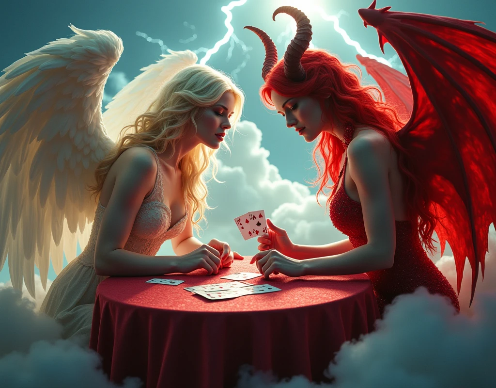 an angel and w demon playing a poker game of cards, a female angel wearing intricate dress glam dress, dynamic color dress, pale skin, best details beautiful face ,dynamic hair color, busty, small cleavage,  long hair wavy hair, white angelic wings, BREAK, a female demon (red skin: 1.5), demonic wings, demon horns, ,dynamic hair color, busty, small cleavage, red eyes, best details beautiful face, wearing a intricate dress glam dress, high heels, sitting and playing poker on a cloud, dynamic lightning, heaven background, vibrant, Ultra-high resolution, High Contrast, (masterpiece:1.5), highest quality, Best aesthetics), best details, best quality, highres, ultra wide angle, 16k, [ultra detailed], masterpiece, best quality, (extremely detailed), 