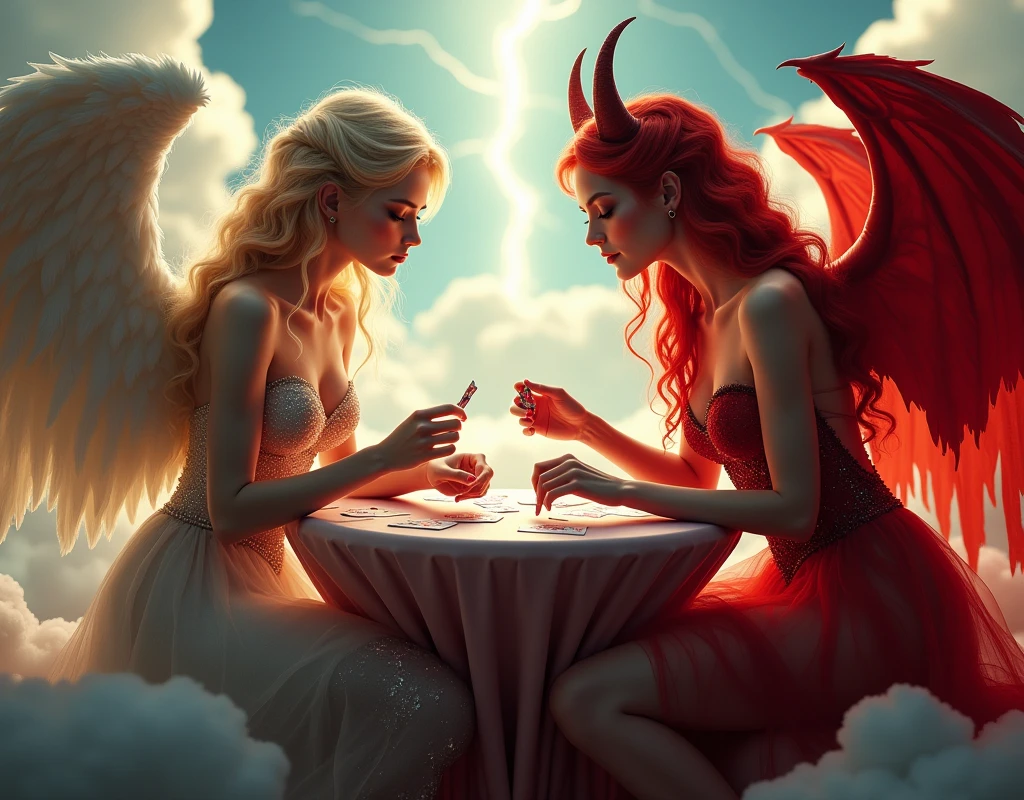 an angel and w demon playing a poker game of cards, a female angel wearing intricate dress glam dress, dynamic color dress, pale skin, best details beautiful face ,dynamic hair color, busty, small cleavage,  long hair wavy hair, white angelic wings, BREAK, a female demon (red skin: 1.5), demonic wings, demon horns, ,dynamic hair color, busty, small cleavage, red eyes, best details beautiful face, wearing a intricate dress glam dress, high heels, sitting and playing poker on a cloud, dynamic lightning, heaven background, vibrant, Ultra-high resolution, High Contrast, (masterpiece:1.5), highest quality, Best aesthetics), best details, best quality, highres, ultra wide angle, 16k, [ultra detailed], masterpiece, best quality, (extremely detailed), 