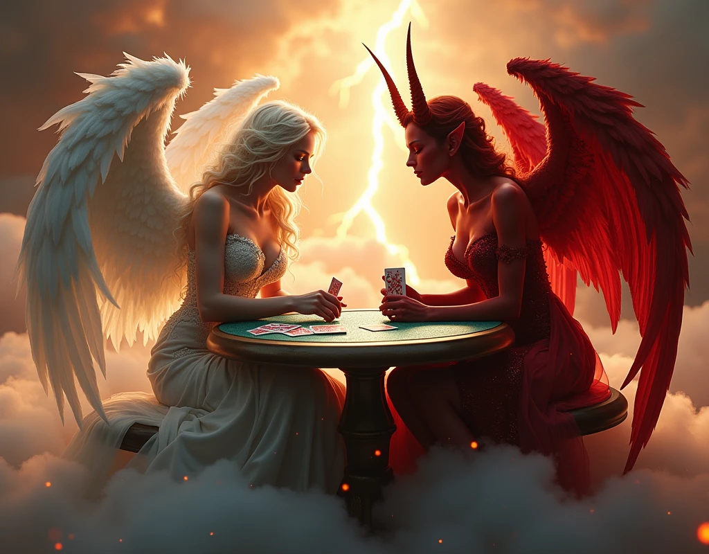 an angel and w demon playing a poker game of cards, a female angel wearing intricate dress glam dress, dynamic color dress, pale skin, best details beautiful face ,dynamic hair color, busty, small cleavage,  long hair wavy hair, white angelic wings, BREAK, a female demon (red skin: 1.5), demonic wings, demon horns, ,dynamic hair color, busty, small cleavage, red eyes, best details beautiful face, wearing a intricate dress glam dress, high heels, sitting and playing poker on a cloud, dynamic lightning, heaven background, vibrant, Ultra-high resolution, High Contrast, (masterpiece:1.5), highest quality, Best aesthetics), best details, best quality, highres, ultra wide angle, 16k, [ultra detailed], masterpiece, best quality, (extremely detailed), 