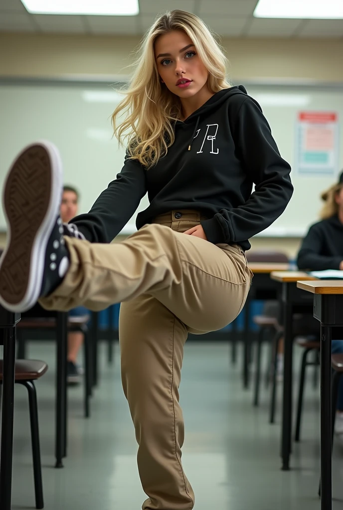 High school white girl, blonde hair, blue eyes, tight khaki pants, black high top converse shoes, black hoodie, white socks, kicking into the air, classroom background, full body, sexy pose.