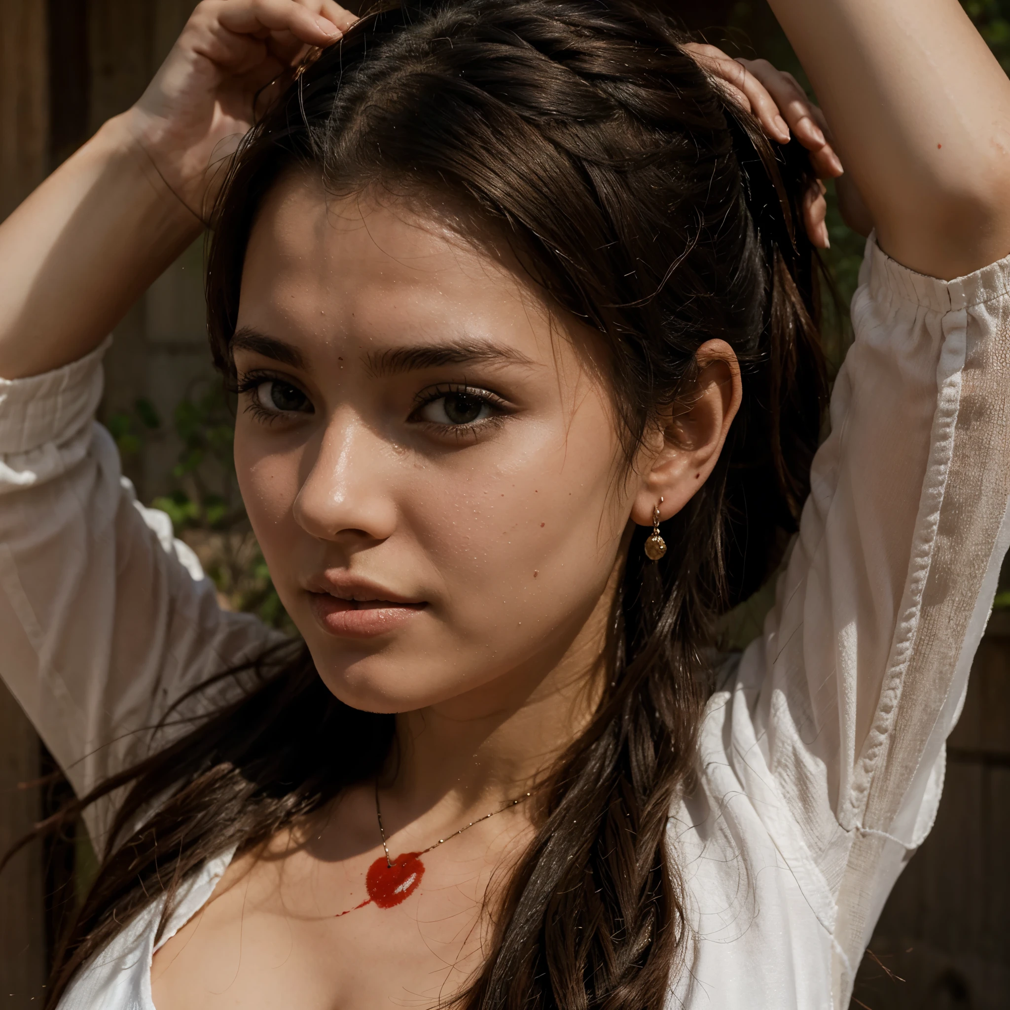 Image of a ani. E girls head hanging with her hair tight on a rope with blood dripping from her neck.