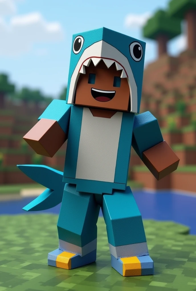 minecraft character, with a shark costume, with chocolate skin, with blue pants, with blue and yellow shoes, Posing for a photo, with a happy face, with Minecraft background, with the realistic image, with the masculine gender