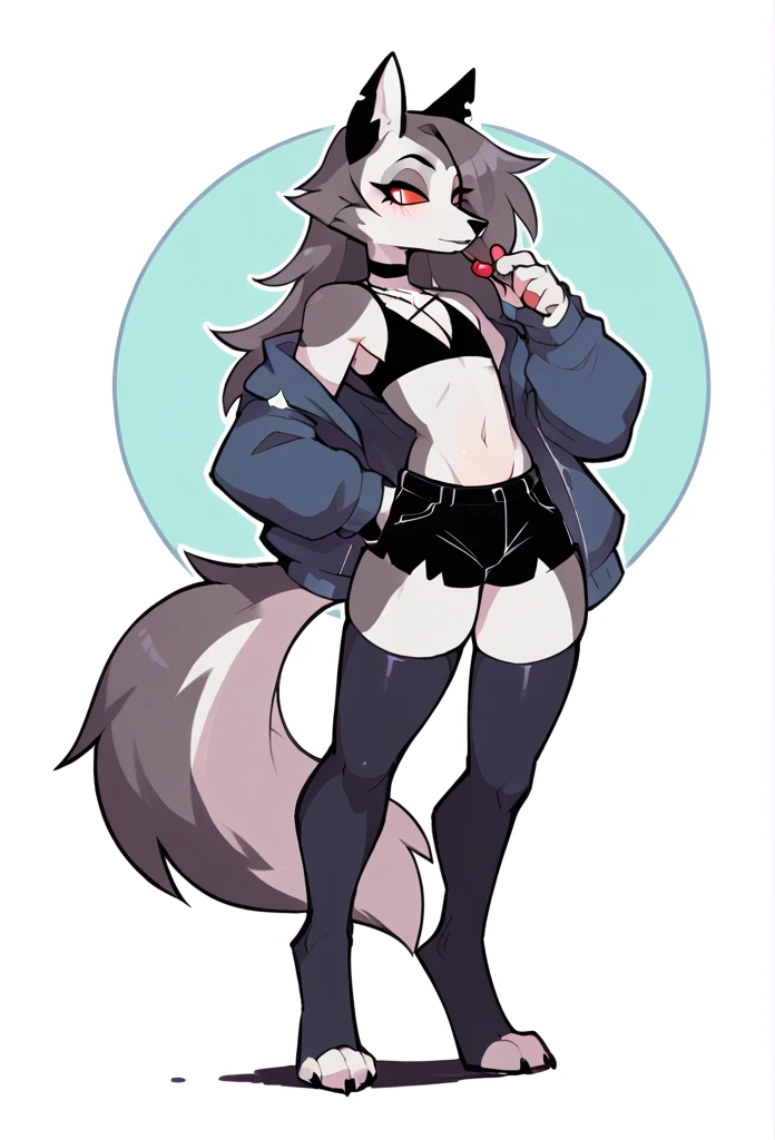 An original character, anthropomorphic, wolf, feminine, tall character, wearing a simple outfit, using some accessories, on a simple background, cartoon art style "Helluva Boss"