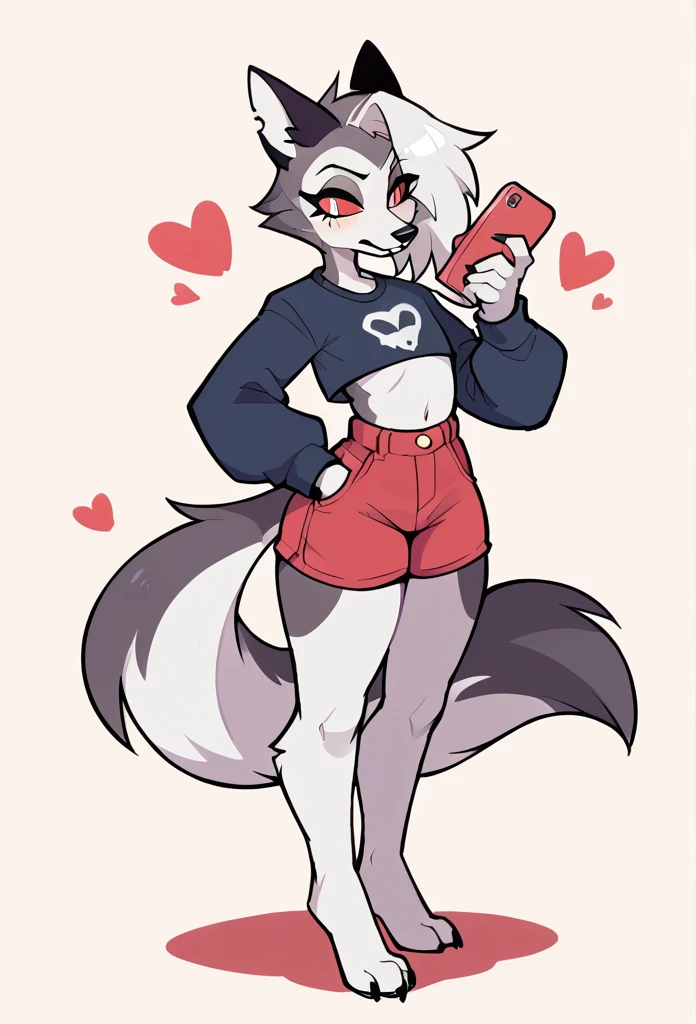 An original character, anthropomorphic, wolf, feminine, tall character, wearing a simple outfit, using some accessories, on a simple background, cartoon art style "Helluva Boss"