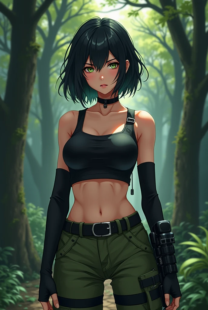 Anime girl, short black hair, black tight fitting crop-top, olive-green eyes, olive-green parachute pants, black combat boots, dark forest background