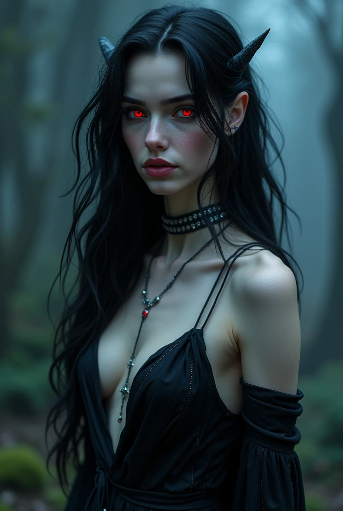 Valeria has long, flowing, midnight black hair that shimmers with an ethereal, almost otherworldly, blue tint when it catches the light. Her hair cascades down her back in loose waves, reaching her lower back.
Her eyes are a striking, intense crimson red that seem to pierce through to the soul. They glow faintly in the dark, giving her an even more mysterious aura.Her skin is pale, almost porcelain-like, with a flawless, smooth texture. It contrasts beautifully with her dark hair and vibrant eyes.She stands at 5'7", with a slender, elegant build that gives her an air of grace and poise as a demon,Valeria prefers to wear dark, elegant clothing that accentuates her figure. Her favorite outfit is a black, form-fitting dress with silver accents, paired with a long, flowing cloak that seems to move with a life of its own. She often accessorizes with silver jewelry, including a choker with a ruby pendant that rests just above her collarbone.