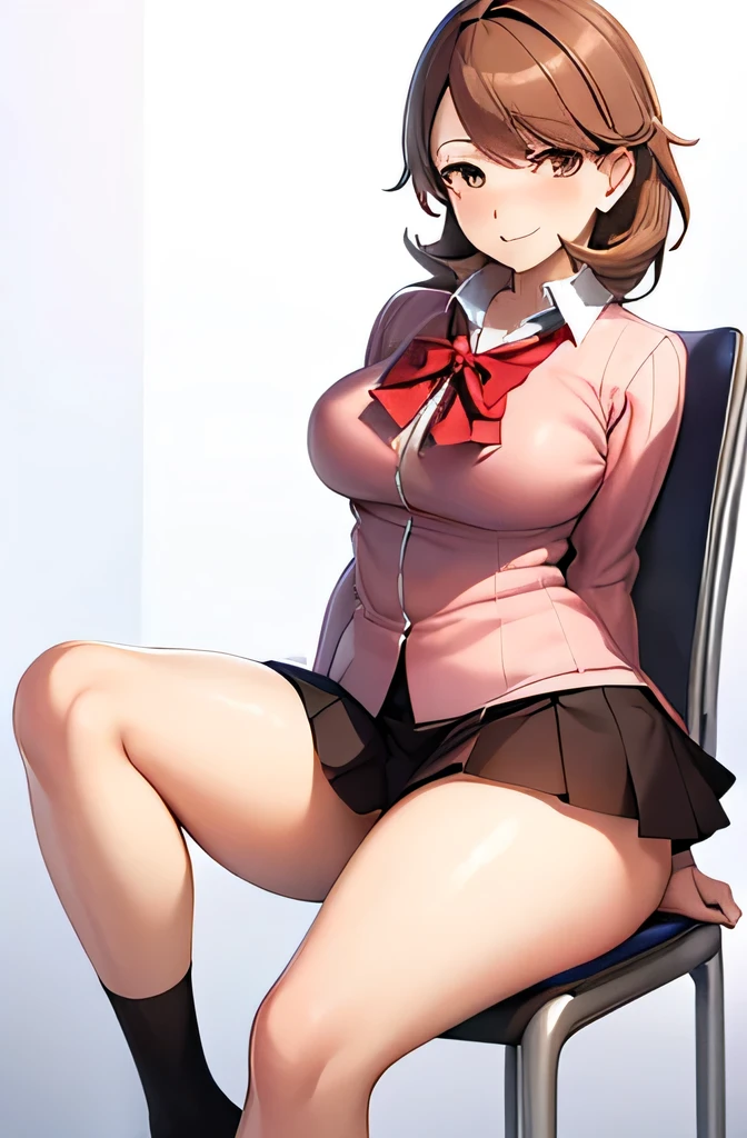 (((ultra-ditailed))),A schoolgirl with brown hair and brown eyes is wearing a schoolgirl uniform.、She has E cup breasts and thighs.、Sitting on a chair with legs spread,((Full body image)),Perfect body,Anatomically correct body,Beautiful fingertips,Perfect Face,Moist eyes,Embarrassed smile,classroom,((Beautiful eyes like jewels)),Pose like an idol,NSFW