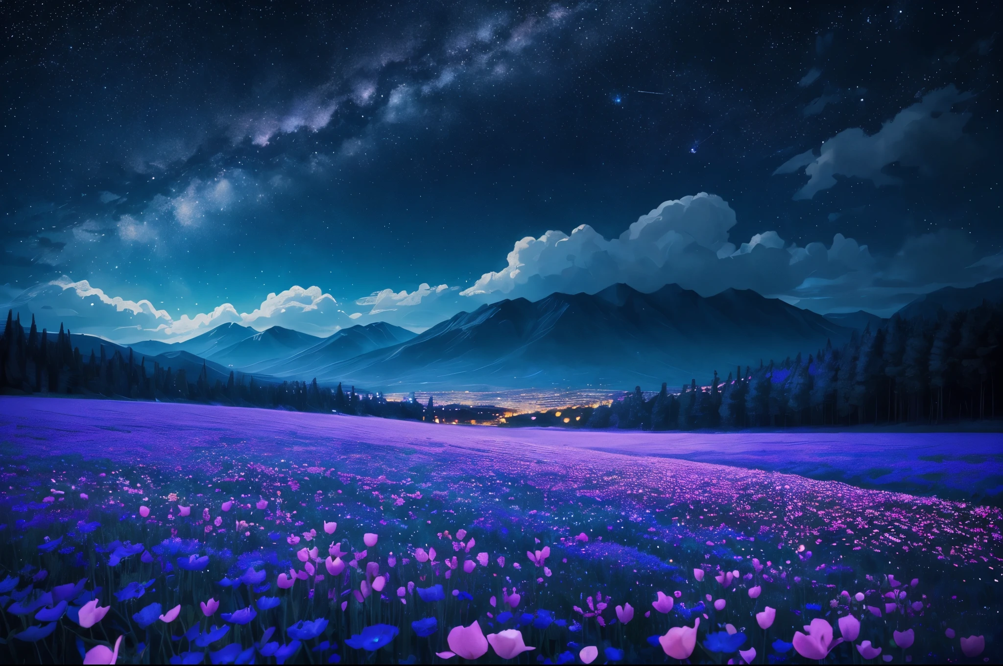 night sky with stars and flowers, a digital painting by Kaii Higashiyama, deviantart, conceptual art, field of flowers at night, night sky full of flowers, moonlight shining on wildflowers, blue flower field, luminous flowers, glowing flowers, starry-night!!!!!!!!!!!!!!!!!!!!, 🌺 cgsociety, blue flowers bloomed all over, blue flowers, blue fireflies, City In the background, fireflys