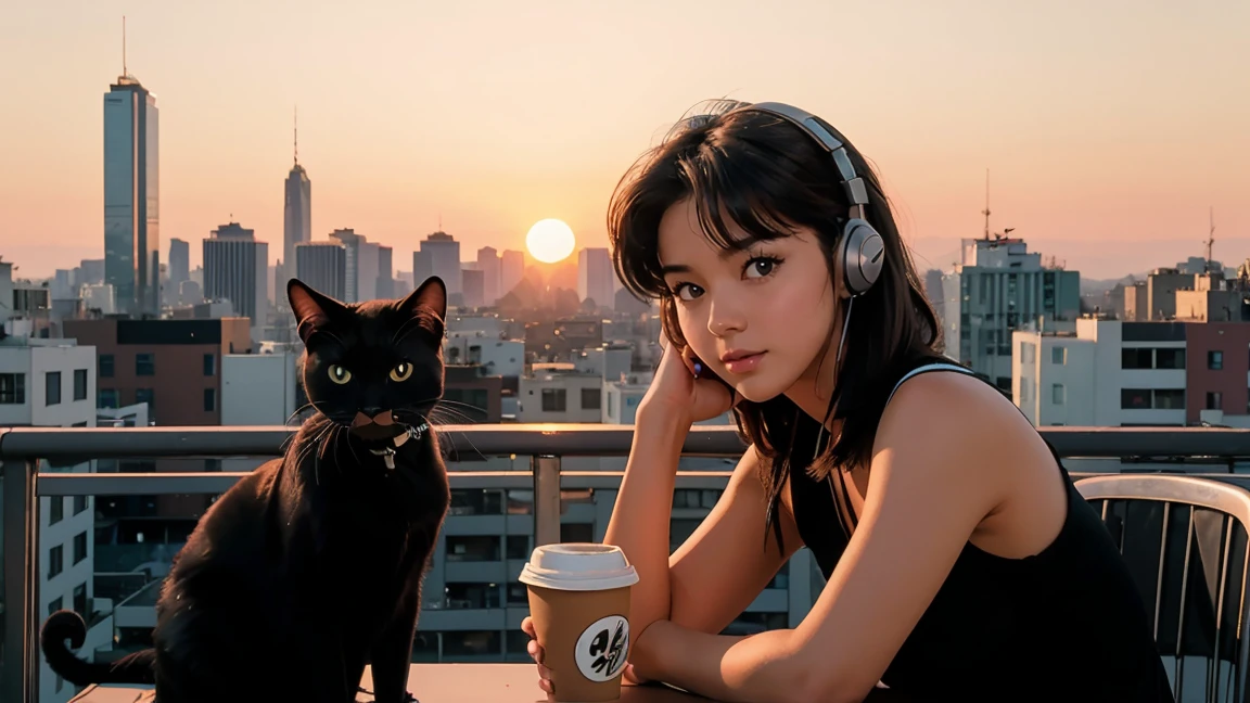 Highest quality, 8k, 1990s style,Hairstyles of the 2010s, -yeld gi Black Hair, Shortcuts, Light brown eyes, City Pop, ,sunset, Wear headphones,Barely, whole body, Relax Coffee,table,making,look at me, Black cat