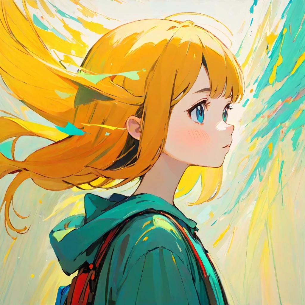 A girl enviously looks at a hero in the distance, Amy Earls, abstract expressionism, Looks boring, gesture, Whimsical、Transform、