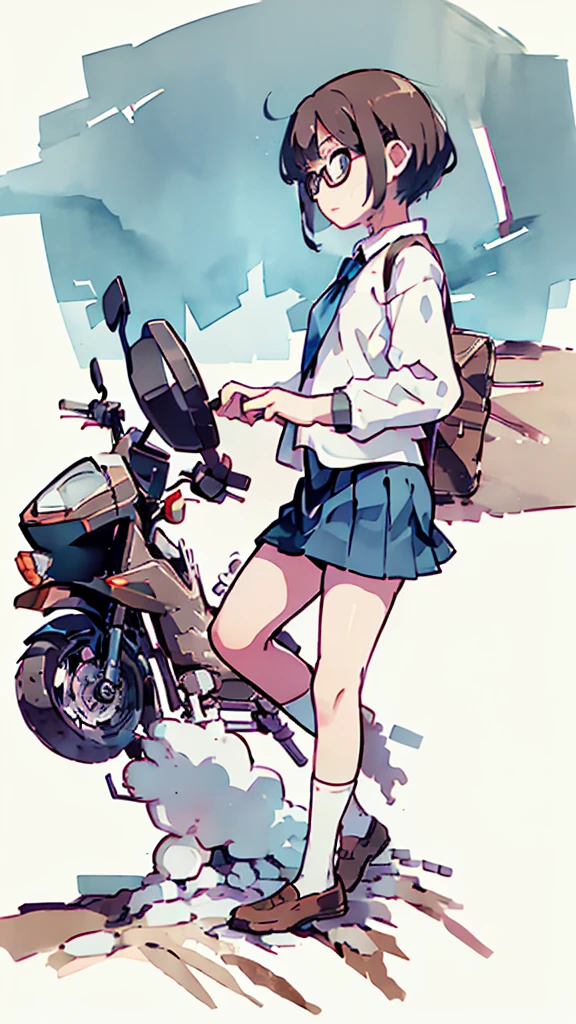 Motorcycle、metropolis、water、Midnight、Moon、Blue light、sky、sea、Nsfw、masterpiece, high quality, 4K, HDR,, Stable Diffusion prompt:  schoolgirl with short、brown hair and red-framed glasses, wearing a white blouse and navy skirt, white panties visible, navy socks and brown loafers, in a state of arousal and trembling with sexual climax,simple illustration style, In a nichijou (everyday life) Setting Image generation AI model used: Stable Diffusion (eleet- model)

id: i2