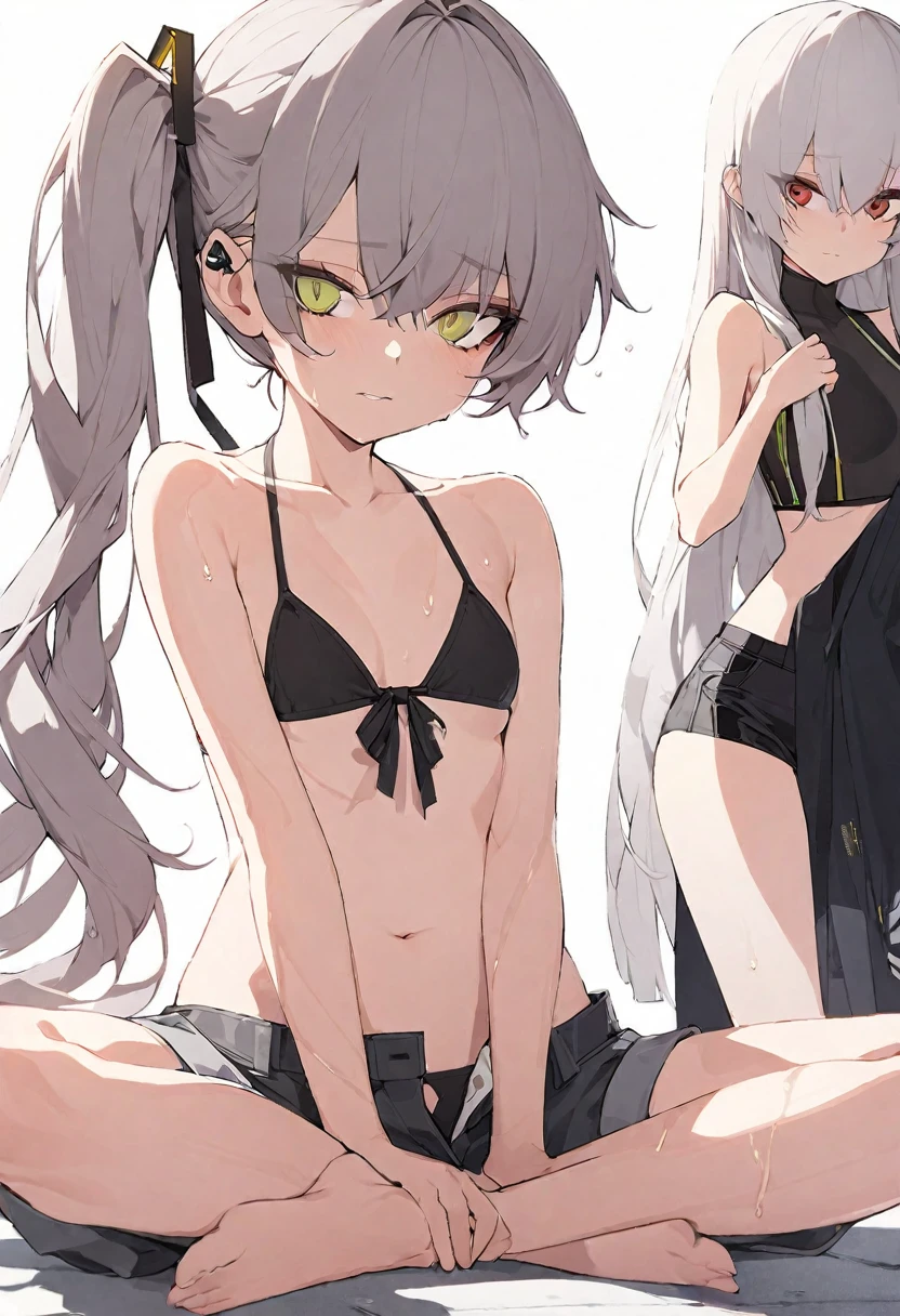 (muste piece), (best quality), (score_9, score_8_up, score_7_up), very detailed eyes, expressive eyes, perfect face, very detailed face, highly detailed face, beautiful girl, 8K, beautiful girl, white background, delicate and beautiful face and eyes, dark intense shadow, 1 girl, cool girl, girls frontline style, girls frontline, UMP45, long hair, grey hair, side ponytail, sharp eyes, bare shoulders, sexy bikini, bikini front-tie top, Unbuttoned shorts, small chest, soft chest, cleavage, clavicle, cameltoe, bare arms, off the shoulders, sleepy eyes, wet hair, wet body, body visible through clothes, chest visible through clothes, ass visible through thighs,(full body), barefoot, naked thighs, sitting, indian style, open legs wide, from below, pov crotch,