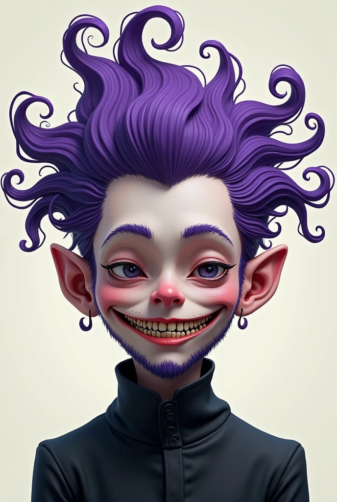 That man is handsome。Purple hair with slightly long antennae、Dark circles under the eyes, narrow slits、The teeth are jagged like a shark's.、The top of his head has curly hair that resembles the top part of a question mark.。A grinning face with one corner of the mouth turned up。The nose is slender and beautiful.。He has thin cheeks and a beard.。